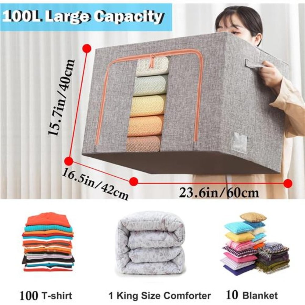 100L Large Clothes Storage Bags with Metal Frame, Foldable (Gray, 3 Pack) - Picture 3 of 6
